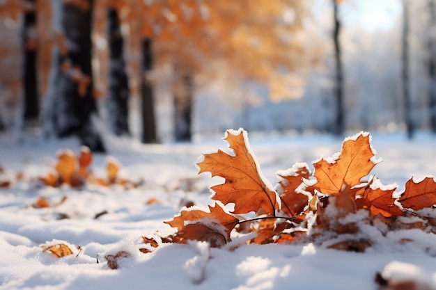 Dry autumn leaves with snow during beginning of winter