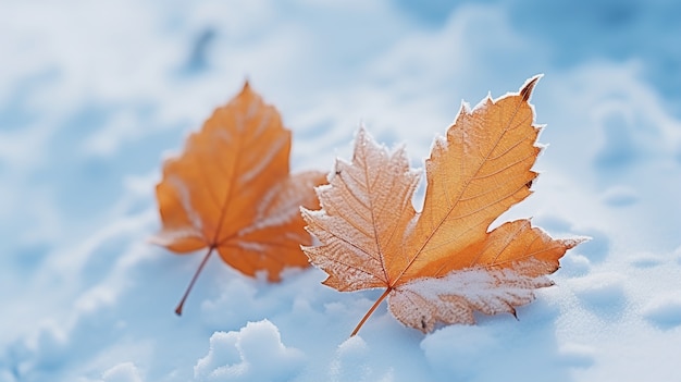 Dry autumn leaves with snow during beginning of winter