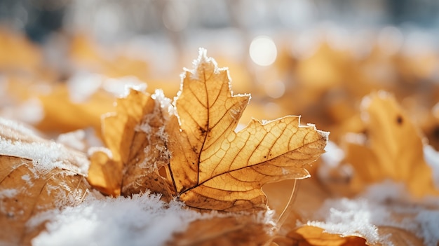 Dry autumn leaves with snow during beginning of winter