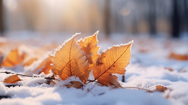 Dry autumn leaves with snow during beginning of winter