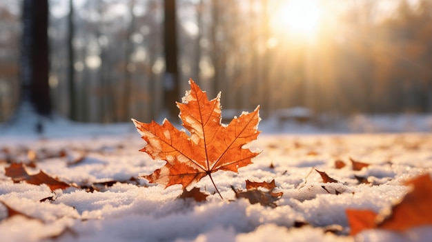 Dry autumn leaves with snow during beginning of winter