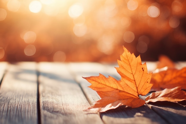 Free photo dry autumn leaves on wooden deck