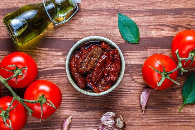 Dry tomatoes with olive oil.