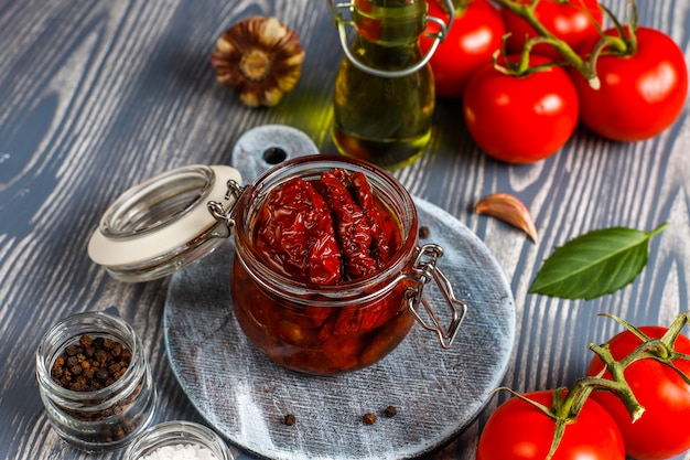 Dry tomatoes with olive oil.