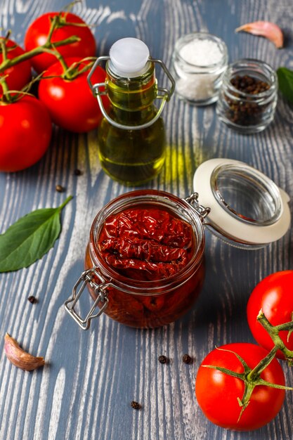 Dry tomatoes with olive oil.