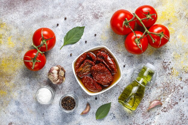 Dry tomatoes with olive oil.