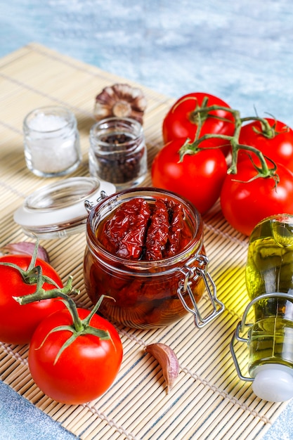 Dry tomatoes with olive oil.