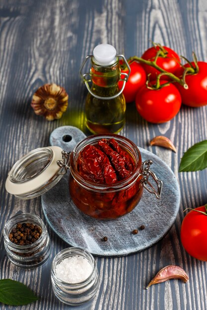 Dry tomatoes with olive oil.