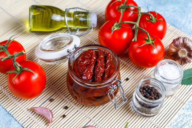 Dry tomatoes with olive oil.