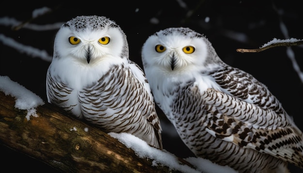 Free Photo eagle owl perching on snowy branch staring generated by ai