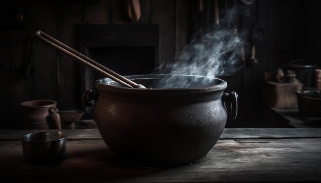 Earthenware cauldron boils soup over open flame generated by AI