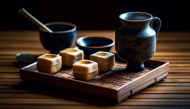 Free photo earthenware pottery set with tea and rice for traditional meal generated by ai