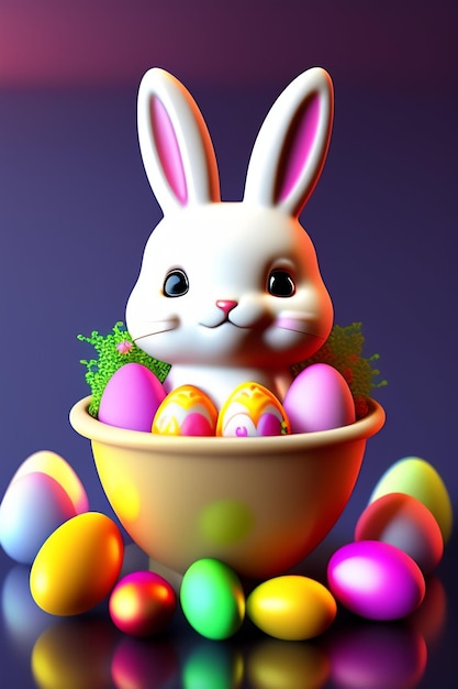 Easter bunny in a bowl with easter eggs