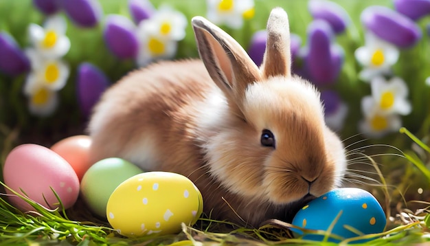 Easter bunny with easter eggs in the grass