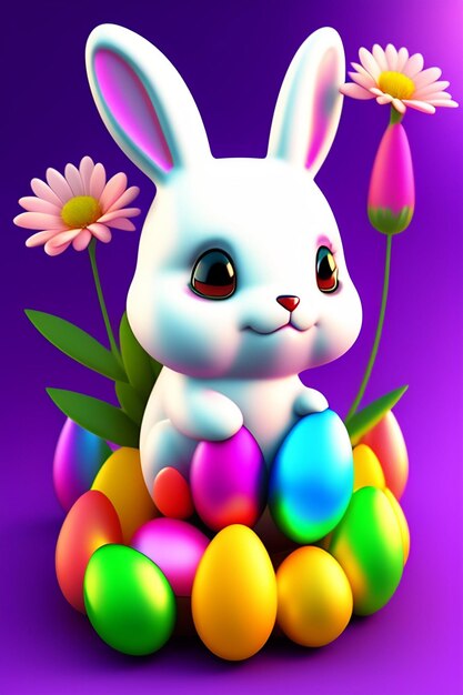 Easter bunny with eggs and flowers on a purple background