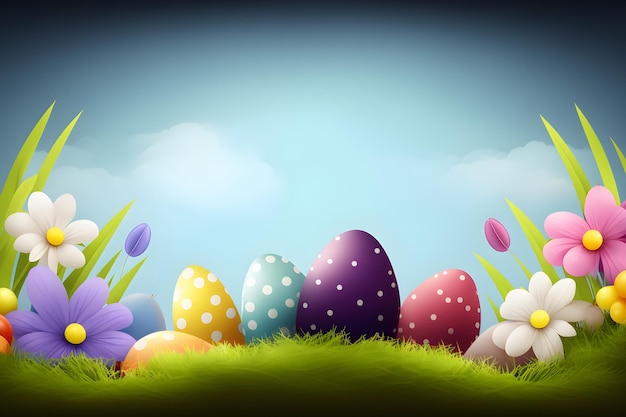 Free photo easter colored eggs on grass with blue sky