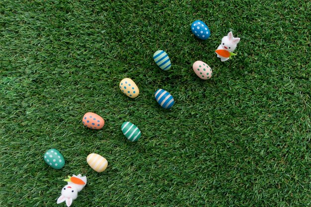 Easter composition with eggs and rabbits