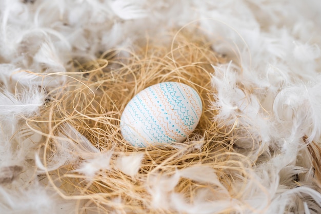 Easter egg on hay between heap of quills