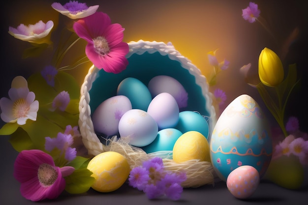 Easter eggs in a basket with flowers