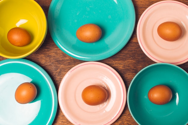 Easter eggs on bright plates