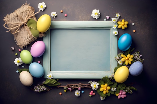 Free photo easter eggs on a dark background with a blue frame