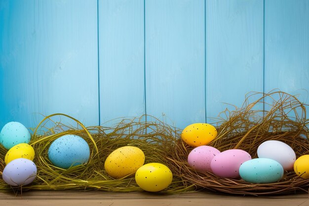 Easter eggs in a nest on a blue wooden background