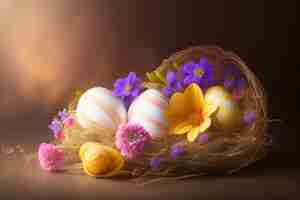 Free photo easter eggs in a nest with flowers and a purple flower.