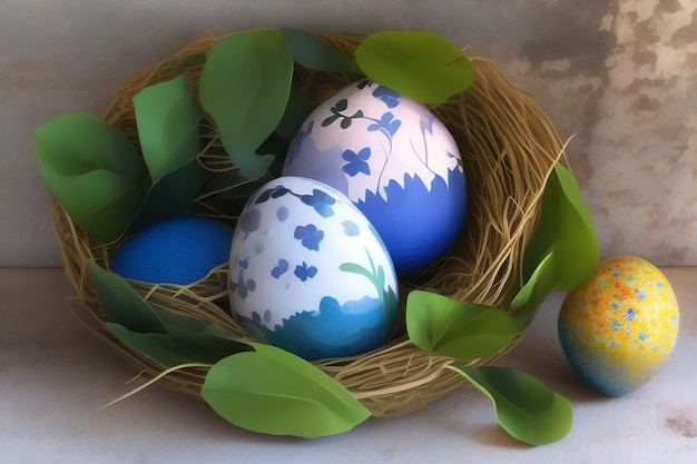 Easter eggs in a nest with leaves and blue flowers