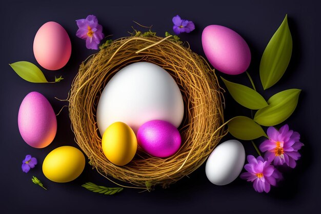 Easter eggs in a nest with purple flowers