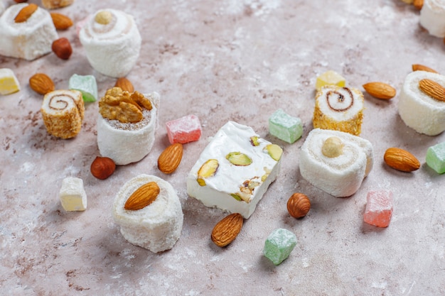 Free photo eastern sweets.turkish delight,lokum with nuts,top view.