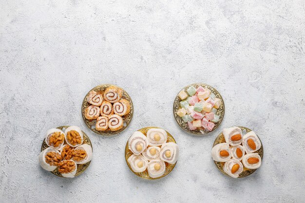 Eastern sweets.Turkish delight,lokum with nuts,top view.