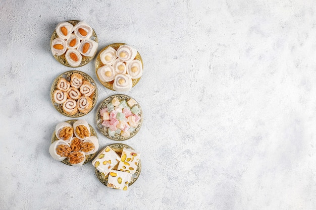 Free photo eastern sweets.turkish delight,lokum with nuts,top view.