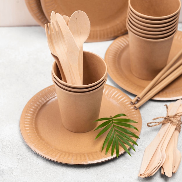 Eco friendly disposable tableware high view and plant