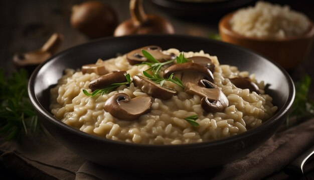 Edible mushroom risotto with parsley and parmesan cheese generated by AI