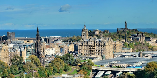 Edinburgh city rooftop view with historical architectures. United Kingdom.