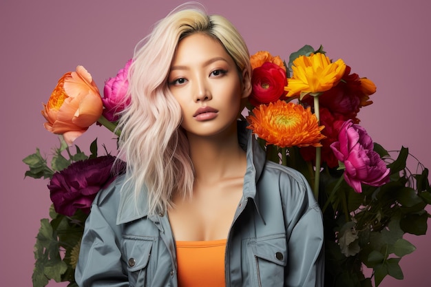 Free Photo editorial photography of a young asian woman with blonde hair wearing pastel clothes over a pale pin