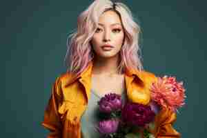 Free photo editorial photography of a young asian woman with pink hair wearing pastel clothes and holding some