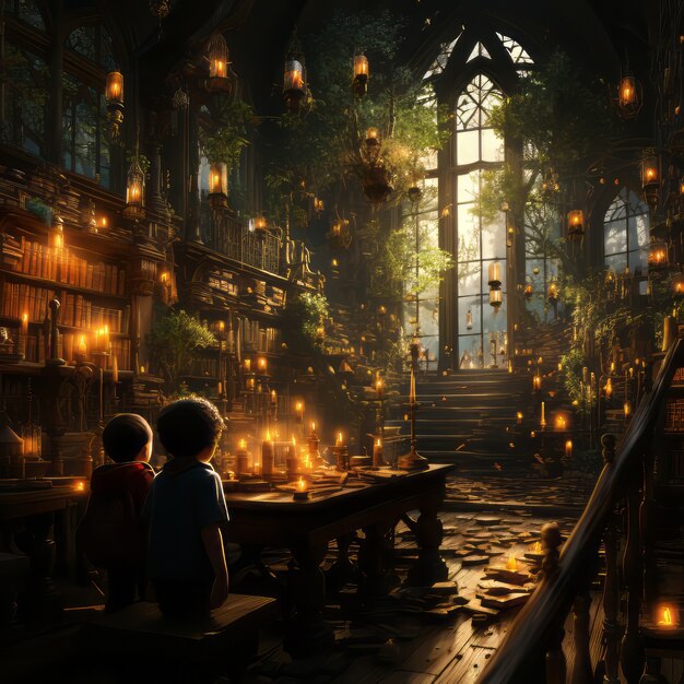 Education day scene in fantasy style and aesthetic