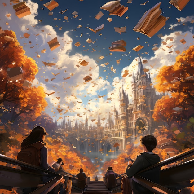 Education day scene in fantasy style and aesthetic