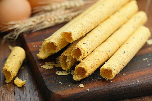 egg rolls on wood board