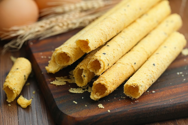 egg rolls on wood board