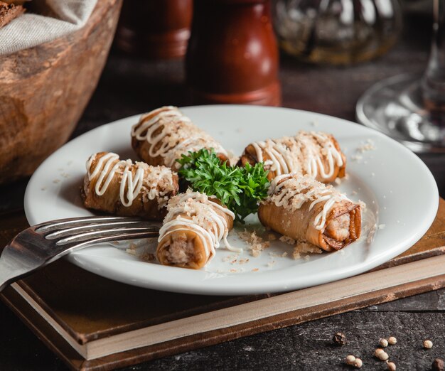 eggplant rolls with nuts garlic and mayonnaise