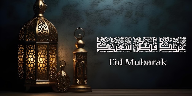 Free photo eid al fitr greeting with lanterns on dark blue background