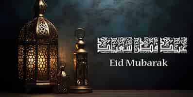 Free photo eid al fitr greeting with lanterns on dark blue background