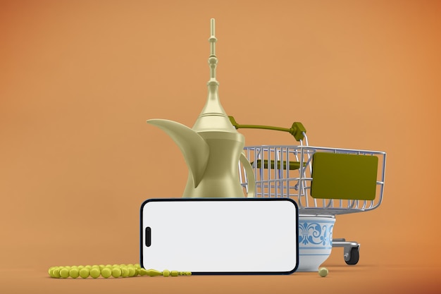 Free photo eid shopping trolley and mobile front side