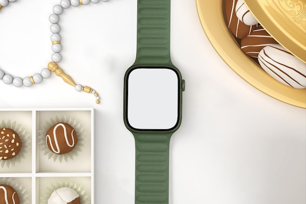 Free photo eid smart watch with chocolate front view in white background