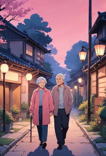 Elder couple illustrated in anime style