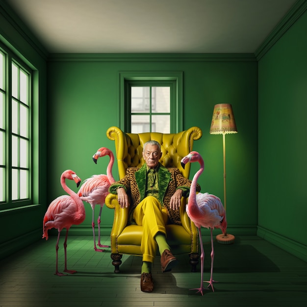 Elder man sitting surrounded by flamingos