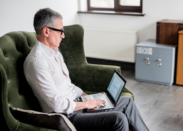 Elderly businessman using laptop on an armchair