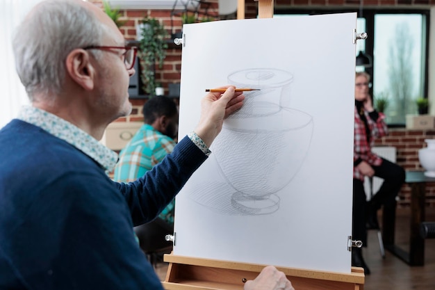 Free photo elderly student drawing vase model on white canvas using sketching technique during art class in creativity studio. diverse team attending creative lesson developing artistic skill